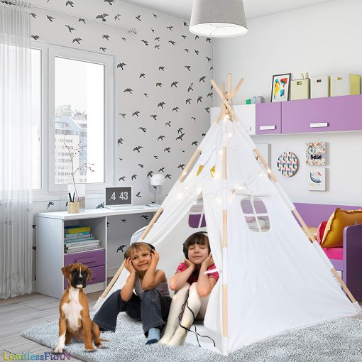 Tienda de campana para ninos LimitlessFunN Cotton Teepee | Incluye Bolsillos, Postes de Madera, Base Impermeable, Luces de Estrellas, Plumas y Estuche | Casa de Juegos Infantil para Ninos, Ninas y Ninos, 47"D x 47"W x 57"H - Imagen 3