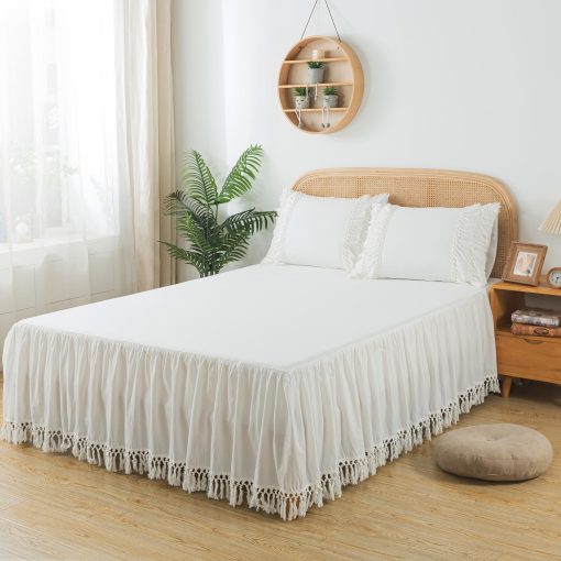 Falda de Cama Suave Cal King Blanco Volantes Borlas Boho Ropa de Cama Bohemia para Ninas 100% Algodon Lavado 1 Falda de Cama + 2 Fundas de Almohada - Imagen 3