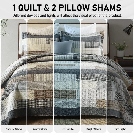 Colcha King Size PERHOM - 100% Algodon Estilo Rustico para Cama King, Juego de Colcha King Edredon para Cama, Ligera y Calida, Gris/Marron/Beige - Imagen 8
