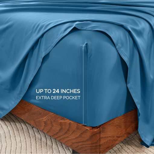 Juego de sabanas de lujo para cama tamano Queen GOKOTTA de 4 piezas, 100 % rayon derivado del bambu, mas suave y fresco que el algodon, sabana ajustable de bolsillo extra profundo de 24" con correas elasticas en las esquinas, Azul - Imagen 4