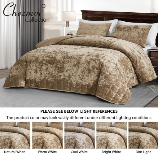 Chezmoi Collection Piers Juego de Edredon de Terciopelo Tan Oversized King, Set de 3 Piezas, Colcha de Terciopelo Desgastado, Ligero, para Todas las Estaciones - Reverso de Microfibra Cepillada con Doble Costura Cuadrada - Imagen 5