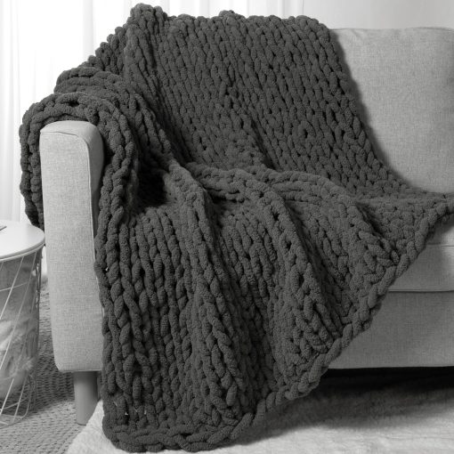 Manta de Punto Grueso Carriediosa 60" X 80" Twin, 100% Hecha a Mano con Gran Bucle de Chenille Suaves y Esponjosas para Sofa Cama, Manta Gruesa de Cable Tejida Acogedora, Gris Oscuro