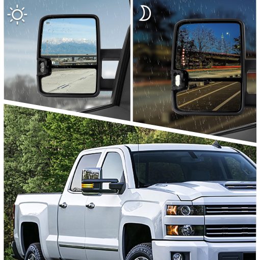 Espejo de remolque Switchback para Chevy Silverado GMC Sierra 2007-2014 Espejos de remolque con vidrio calefactado ajustable electricamente, luz de marcha, luz de senal de giro, lampara de respaldo, cromado - Imagen 6