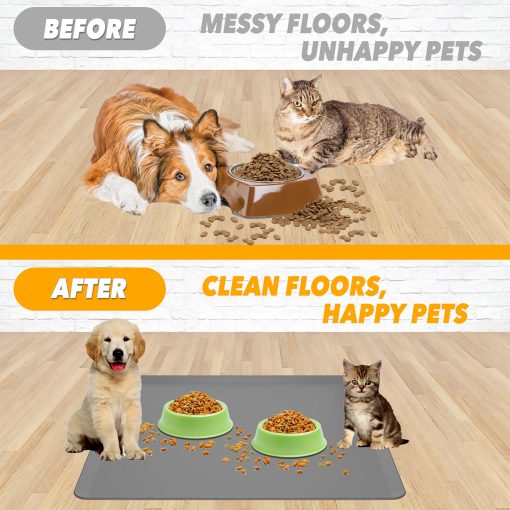 Tapete para Comida de Mascotas Skywin - 28 x 30 Pulgadas Tapete para Perros, Tapete de Silicona para Gatos, Tapete Antideslizante para Comida y Agua de Gatos y Perros, Tapete para Tazones de Comida de Perros, Protector de Pisos para Comida de Perros a Prueba de Agua, Suministros para Mascotas (Gris) - Imagen 5