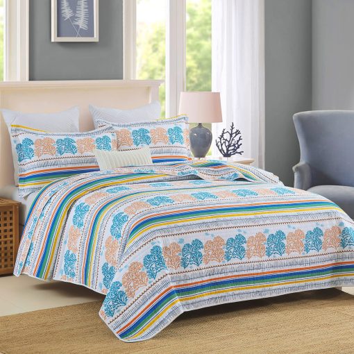 SahSahCasa Quilt Queen Size, Juego de Edredon Queen, Edredon 100% Algodon, Juego de Ropa de Cama Edredon Queen, Edredon Ligero Reversible para Verano para Ninos y Adultos, Blanco/Azul/Naranja