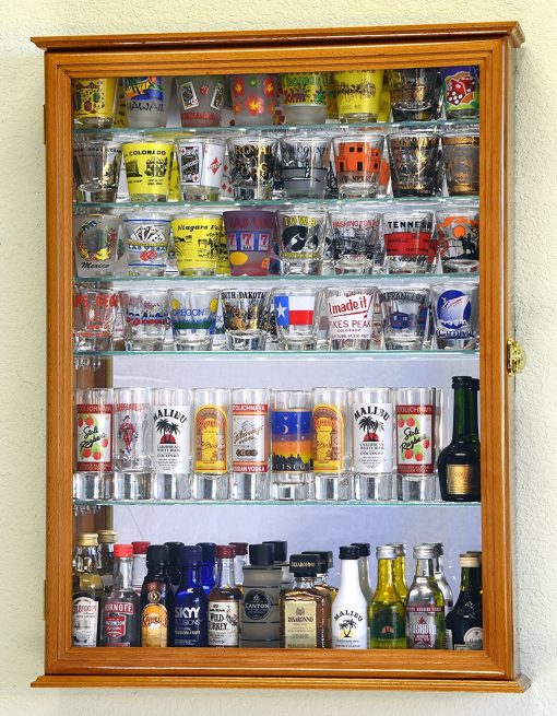 Gabinete exhibidor para vasos de chupito con grandes espejos y 7 estantes de vidrio ajustables, roble - Imagen 3