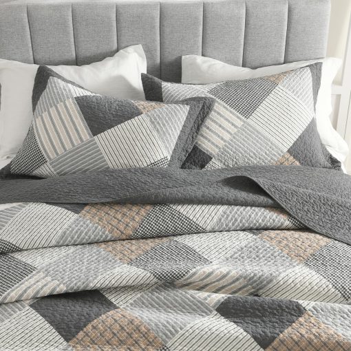 Juego de Edredon CozyStitch King - Set de Ropa de Cama Acolchado de Estilo Granja 100% Algodon con 3 Piezas en Gris Oscuro/Blanco/Marron