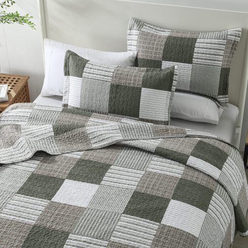 Juego de Edredon Queen KALOOLA de Algodon, Set de Cama de Plaid Verde Beige 3 Piezas, Cubrecamas Ligero de Granja para Todas las Estaciones, 1 Edredon 2 Fundas de Almohada - Imagen 7