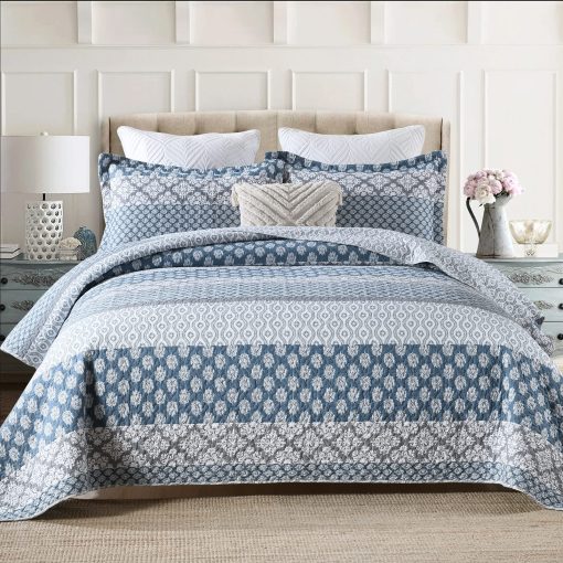 Edredon Floral Tamano King - 100% Algodon Reversible Edredon King con 2 Fundas de Almohada, Suave Edredon King Ligero Juego de Ropa de Cama Tamano King, Azul/Gris Country, King
