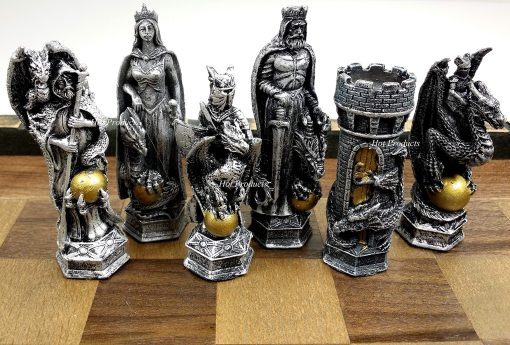 Juego de ajedrez medieval King Arthur Sir Lancelot de oro y plata sin tablero - Imagen 2