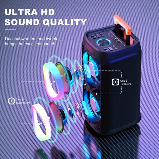 Maquina de Karaoke JYX con 2 microfonos inalambricos para adultos, altavoz de fiesta Bluetooth de 8" con 500W de potencia maxima, sistema PA con luz de DJ, ruedas giratorias y carrito, perfecto para exteriores - Imagen 4