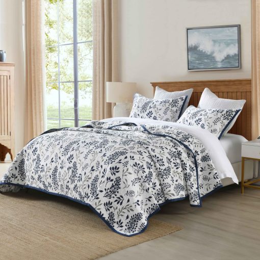 Juego de Edredon Mescore King, Edredon Floral 100% de Algodon Acolchado para Cama King, Juego de Ropa de Cama de Tamano King, Ligero y Reversible, para Cama King, Todas las Estaciones, Azul Marino 3 Piezas