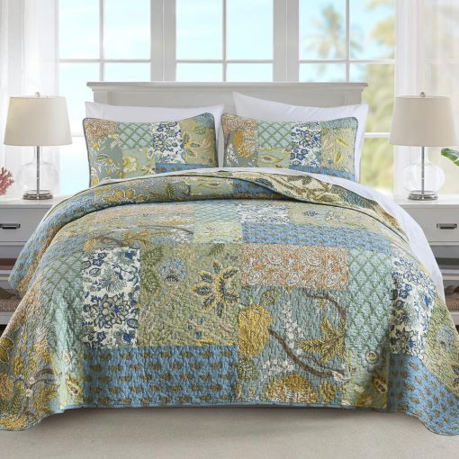 Set de edredon NEWLAKE tamano California King, 100% algodon Patchwork verde, juego de edredones bohemios, colcha reversible ligera y transpirable para todas las estaciones, colcha acolchada suave con 2 fundas de almohada