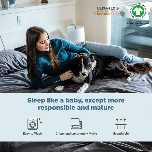 Juego de sabanas en tamaño California King 100% algodon organico de Percale de Fabdreams | 300 hilos | Certificado GOTS | Algodon de fibra larga | Fresco, Crispado y Transpirable | Se ajusta a colchones de hasta 17" de profundidad | Gris Oscuro - Imagen 3