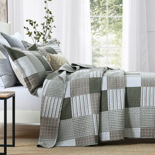Juego de Edredon Queen KALOOLA de Algodon, Set de Cama de Plaid Verde Beige 3 Piezas, Cubrecamas Ligero de Granja para Todas las Estaciones, 1 Edredon 2 Fundas de Almohada - Imagen 3
