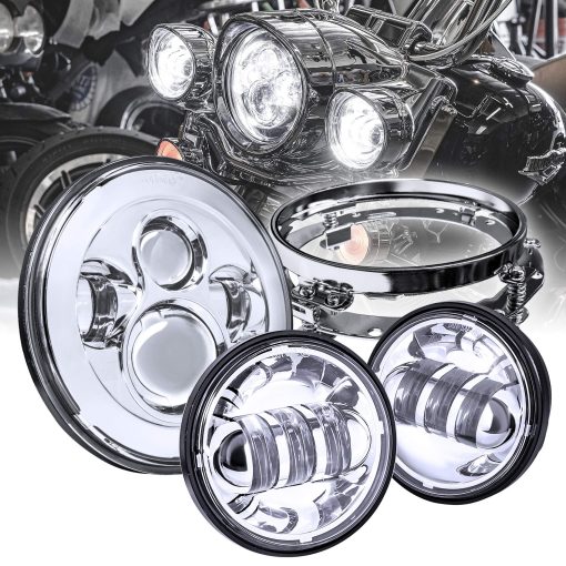 Faros LED de 7 pulgadas TRUE MODS con Luz de Paso de 4.5 pulgadas para Harley Davidson + Soporte de Montaje [Acabado Cromado] [4500 lm] [Plug n Play] Touring Dyna Electra Glide Road King Softail Fatboy Road Glide Street Glide
