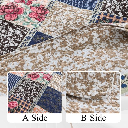 Colcha de Cama de Gran Tamano Finlonte 128"x120" - Colcha de Gran Tamano California King 100% Algodon, Colcha de Retazos de Granja, Colcha Reversible Ligera, Juego de Ropa de Cama, Cafe/Azul Marino - Imagen 4