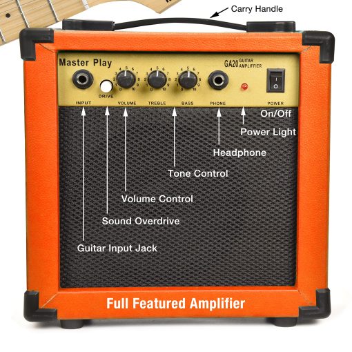 Guitarra Electrica Master Play de 30 Pulgadas, Para Ninos/Principiantes Con Kit de Inicio Completo, Amplificador de 20 Vatios, 6 Cuerdas Extra, Puas, Estuche para guitarra, Correa de hombro, Afinador digital, Cable, Pano de lavado Sunburst - Imagen 5