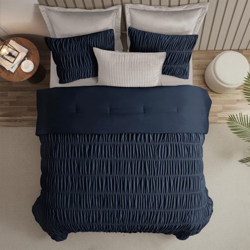 Juego de edredon de lujo de terciopelo fruncido tamano King maravilloso, acolchado a mano con volantes reversibles rayados, sensacion de algodon, regalos festivos esponjosos para el invierno (Azul Marino) - Imagen 6