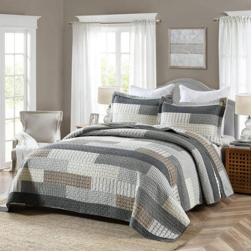 Colcha King Size PERHOM - 100% Algodon Estilo Rustico para Cama King, Juego de Colcha King Edredon para Cama, Ligera y Calida, Gris/Marron/Beige - Imagen 4