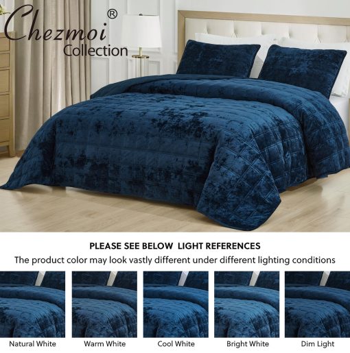 Chezmoi Collection Piers Juego de Edredon de Terciopelo Azul Marino King Extralarge, Set de 3 Piezas de Relleno de Cama Acolchado de Terciopelo Distressed, Ligero para Todas las Estaciones - Microfibra Cepillada Reversible con Doble Puntada Cuadrada - Imagen 5