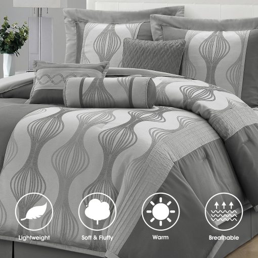 Juego de Edredon LANCO MODERN LIFESTYLE King, Gris, 7 Piezas en una Bolsa, Ultra Suave Jacquard con Piezas Solidas, Juego de Cama de Lujo con Edredones, Falda de Cama, Fundas de Almohada y Cojines Decorativos - Imagen 2
