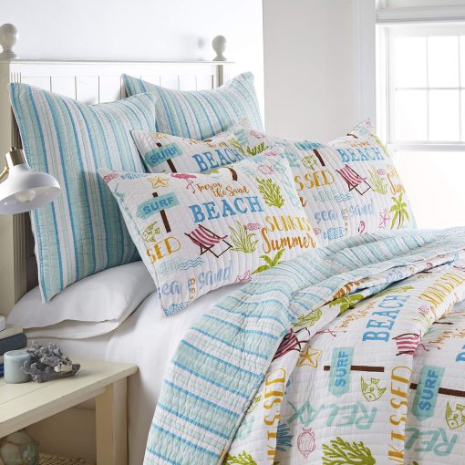 Juego de edredon homthreads by Levtex Home - Beach Days - Edredon King (106x92 pulg.) + Dos fundas de almohada King (36x20 pulg.) - Tematica playera - Azul, amarillo, verde, marron y rosa - Reversible - Tela de algodon - Imagen 3