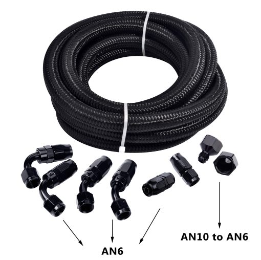 Kit de Manguera de Combustible SYKRSS 6AN 10FT, Manguera de Nylon Trenzado de Acero Inoxidable para Aceite/Gasolina/Combustible con 8 Piezas de Adaptadores Giratorios para Manguera de Combustible - Negro - Imagen 2