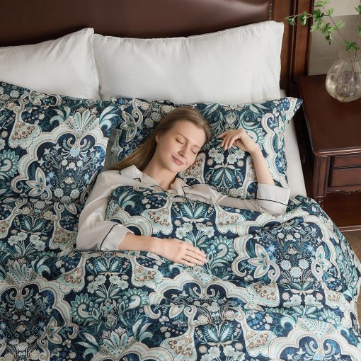 Juego de Edredon Queen Finlonte Damask, Edredon de Algodon 100%, Juego de Cama de Edredon Floral Paisley, Edredon de Lujo etnico Tamano Queen, Edredon Acolchado Suave Ligero Todo el Ano, Azul Marino/Taupe - Imagen 3