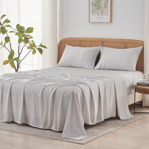 Juego de sabanas SIJO AiryWeight Tencel, 100% Lyocell derivado de Eucalipto, Suaves como la mantequilla, Ganador de Mejores Sabanas Refrescantes 2022 por Architectural Digest - 4 piezas - 2 Fundas de almohada 1 Ajustable 1 Superior (Raya, Queen)