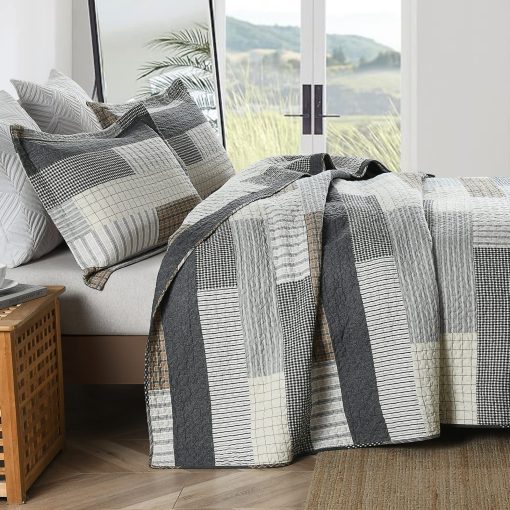 Colcha Finlonte tamano King 100% algodon Gris Negro Marron Colchas Acolchadas Juego de conforter a cuadros Ligero Reversible Suave Transpirable Juegos de Ropa de Cama para Todas las Estaciones, 3 Piezas - Imagen 3