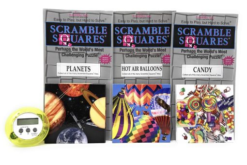 Paquete de Rompecabezas Scramble Squares B. Dazzle para Adultos/Mayores/Adolescentes/Ninos - Incluye 3 Rompecabezas - Globos Aerostaticos, Planetas y Dulces con un Temporizador Digital de Regalo