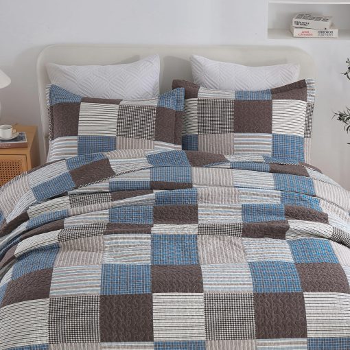 Juego de Edredon a Cuadros Uniclinens Tamaño King, Set de Edredon de Patchwork de Algodon 100%, Edredon Ligero Reversible de Granja, Conjunto de 3 Piezas con 2 Fundas de Almohada, Azul/Marron/Blanco - Imagen 3