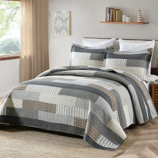 Colcha Finlonte tamano King 100% algodon Gris Negro Marron Colchas Acolchadas Juego de conforter a cuadros Ligero Reversible Suave Transpirable Juegos de Ropa de Cama para Todas las Estaciones, 3 Piezas - Imagen 2