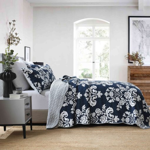 Juego de Colcha Qiqiong Queen, Azul Marino 100% Algodon Colcha Floral Acolchada Queen Tamaño Granja Paisley Reversible Juego de Ropa de Cama Ligero Funda de Edredon para Todas las Temporadas, 3 Piezas - Imagen 3