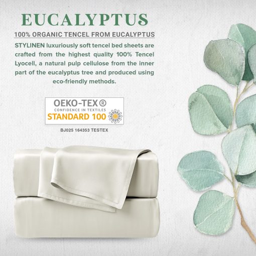 Juego de sabanas Stylinen 100% organicas de eucalipto tamano California King 4 piezas, Lyocell de Tencel, suaves y transpirables, bolsillos profundos de 16 pulgadas, 1 ajustable, 1 plana, 2 fundas de almohada (California King, marfil) - Imagen 2