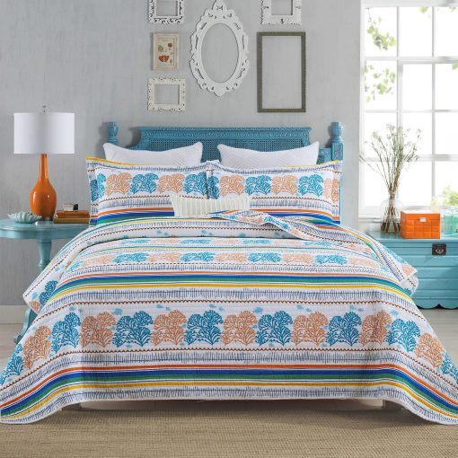 SahSahCasa Quilt Queen Size, Juego de Edredon Queen, Edredon 100% Algodon, Juego de Ropa de Cama Edredon Queen, Edredon Ligero Reversible para Verano para Ninos y Adultos, Blanco/Azul/Naranja - Imagen 2