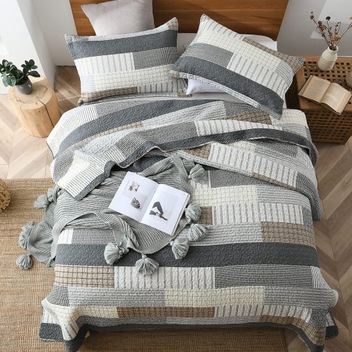 Colcha Finlonte tamano King 100% algodon Gris Negro Marron Colchas Acolchadas Juego de conforter a cuadros Ligero Reversible Suave Transpirable Juegos de Ropa de Cama para Todas las Estaciones, 3 Piezas - Imagen 5