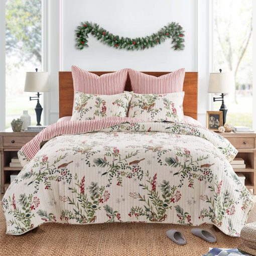 Set de Edredon de Navidad Levtex Home - Winterberry Forest - Tamaño Full/Queen 88x92 y Dos Fundas Estandar 20x26 - Verde, Rojo, Gris y Crema - Reversible - Algodon/Poliester - Imagen 5