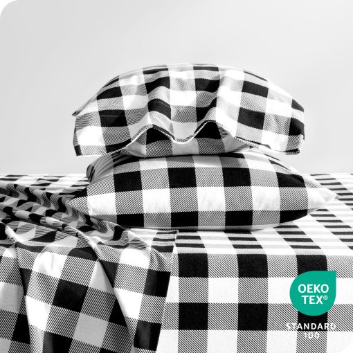 Juego de sabanas de franela estampadas Bare Home, 100% algodon, suave y pesado - Franela de doble cepillado para mayor suavidad y comodidad - Bolsillo profundo - Sabanas para cama (Split King, Buffalo Plaid - Blanco/Negro) - Imagen 4