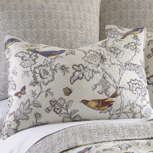 Juego de Edredon Levtex Home - Mockingbird - Edredon Completo/Queen 88x92 pulgadas + Dos Fundas de Almohada Estandar 26x20 pulgadas - Gris con Toile de Aves y Mariposas - Reversible - Algodon - Imagen 4
