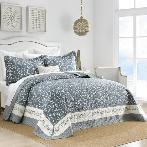 SahSahCasa 100% Algodon 128"x120" Colcha de California King XL Extra Grande, Cubrecama Edredon, Colcha Cal King Acolchada Extra Grande, Colcha Ligera, 3 Piezas, Gris Azulado/Blanco