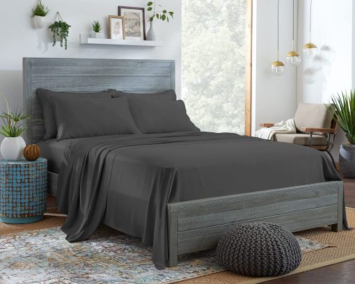 Juego de sabanas de cama Stylinen 100% Organicas de Eucalipto Tamaño Queen 4 Piezas, Lyocell de Tencel, Suaves y Sedosas, Transpirables, Bolsillos Profundos de 16 Pulgadas, 1 Ajustable, 1 Plana, 2 Fundas de Almohada (Queen, Carbon)