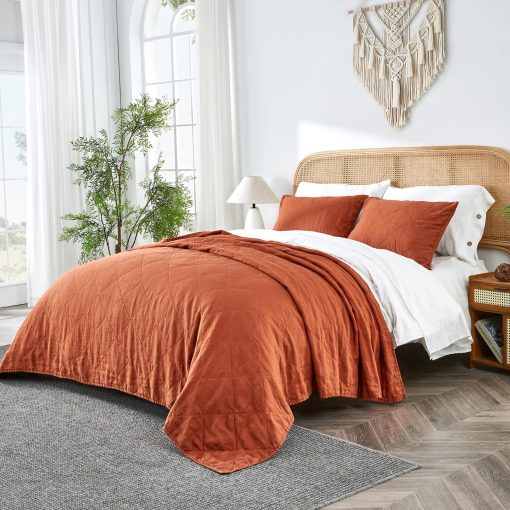 Juego de Edredon Simbolo de Victoria 100% Lino Tamano Queen-3 Piezas Colchas de Cama, Todas las Temporadas Colcha Caramelo, Relleno de Bambu Tejido Acolchado