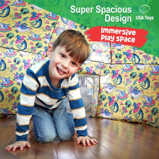 USA Toyz Air Dome Dinosaur Shark Pop Up Tent for Kids - Tienda inflable para ninos con ventilador de aire, Facil de Configurar, Ventana de Malla, Tienda de Juego Inflable para Ninos Edades 3+ (Amarillo) - Imagen 4