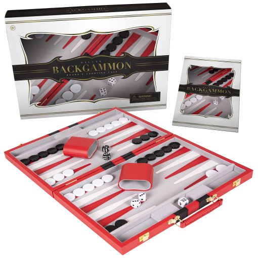 Juego de Backgammon 18 pulgadas, Grande - Juego de mesa clasico para adultos y ninos con estuche de cuero premium - Incluye Guia de Estrategia y Consejos (Rojo)