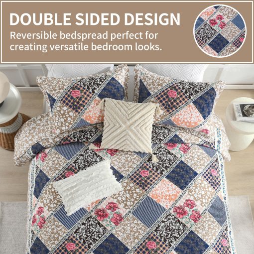 Colcha de Cama Extragrande KALOOLA 120x102, 100% Algodon Colchas de Cama Tamano Queen, Ligero Edredon Reversible Juego de Conforter con Fundas de Almohada, 3 Piezas, Azul Marino - Imagen 4