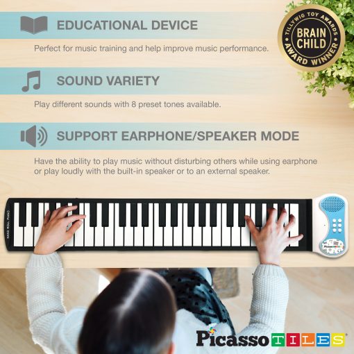 Piano de Teclado Digital Educativo Portatil de 49 Teclas PicassoTiles PT49 con Funcion de Grabacion, 8 Tonos Diferentes, 6 Canciones Educativas de Demostracion y Altavoz Incorporado - Azul - Imagen 3