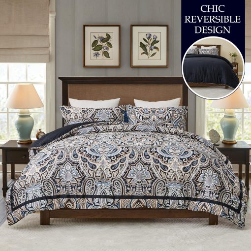 Juego de Edredon Damasco Paisley PlushVibes - Juego de Reversible de Cama de Lujo Tamano Queen 100% Algodon, Ligero 400TC con 2 Fundas para Almohadas, Negro Beige Marron - Todo el Ano 90"x90" - Imagen 2