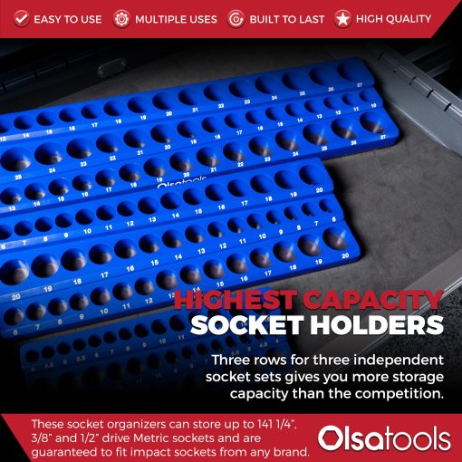 Organizador de enchufes magneticos Olsa Tools | Kit de 3 piezas | 1/2 pulgada, 3/8 pulgada y 1/4 pulgada | Organizadores de enchufes para cajas de herramientas | Azul | Capacidad de 141 enchufes | Organizador de herramientas de grado profesional | Parte 1562 - Imagen 2
